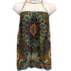 Blu Pepper Boho Blue Green Orange Print White Lace Tunic Top Large